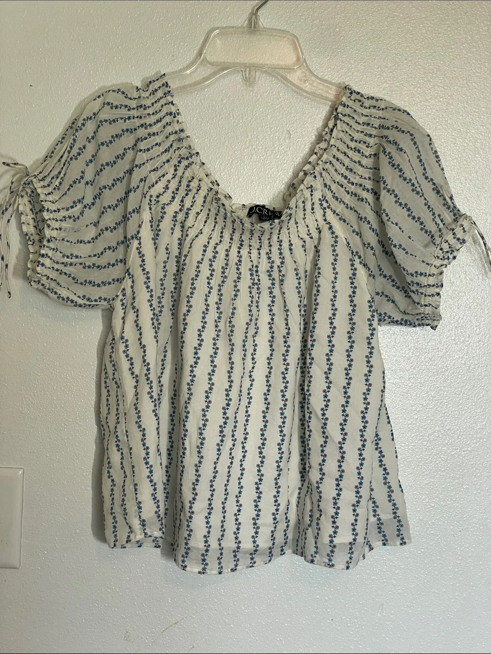 J. Crew Cream Blouse with Blue Floral Stripe Detail